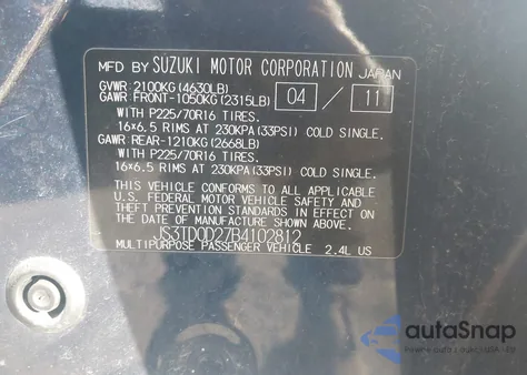 2011 Suzuki Grand Vitara Premium/Premium W/Alloy Wheels from USA, damaged, VIN JS3TD0D27B4102812